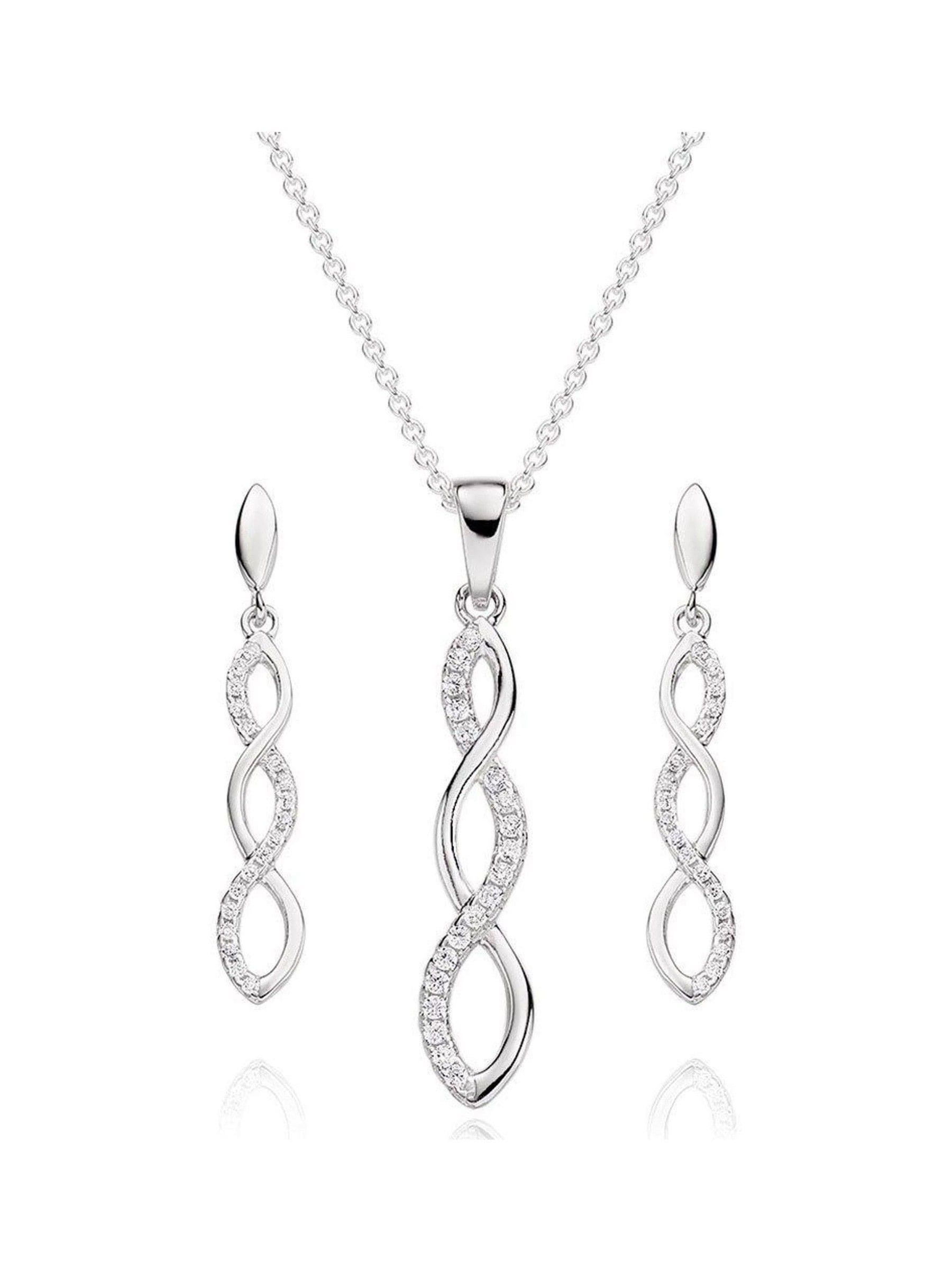 Infinity cubic zirconia pendant and earrings set in sterling silver (British brand)
