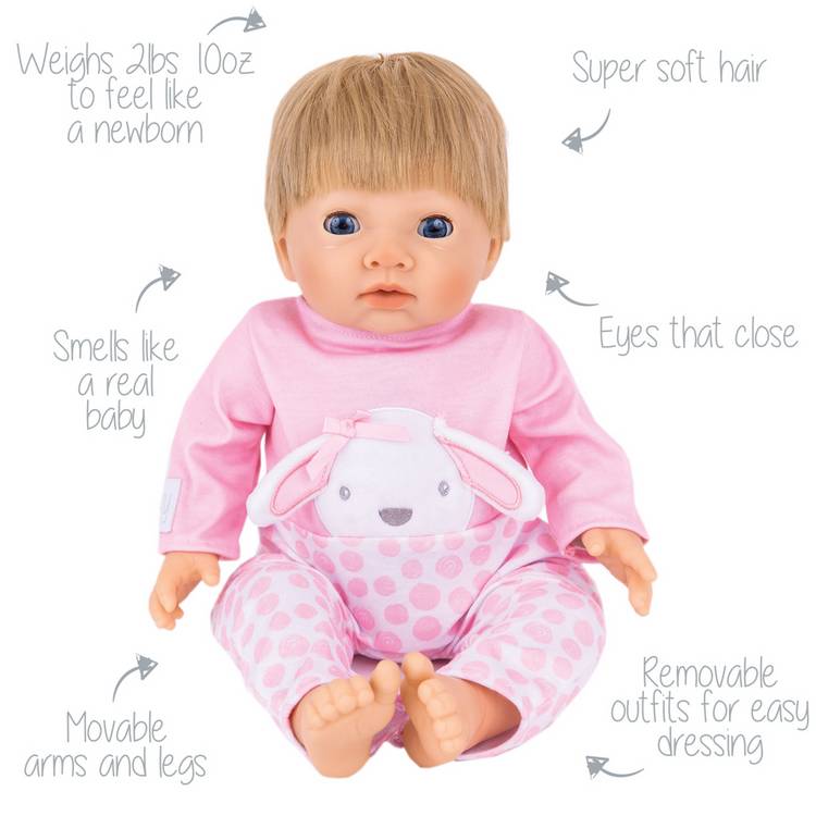 Tiny Treasures baby doll in pink bunny outfit imported from the UK