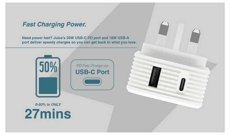 Juice 30W dual-port USB-A USB-C charger white (British brand)