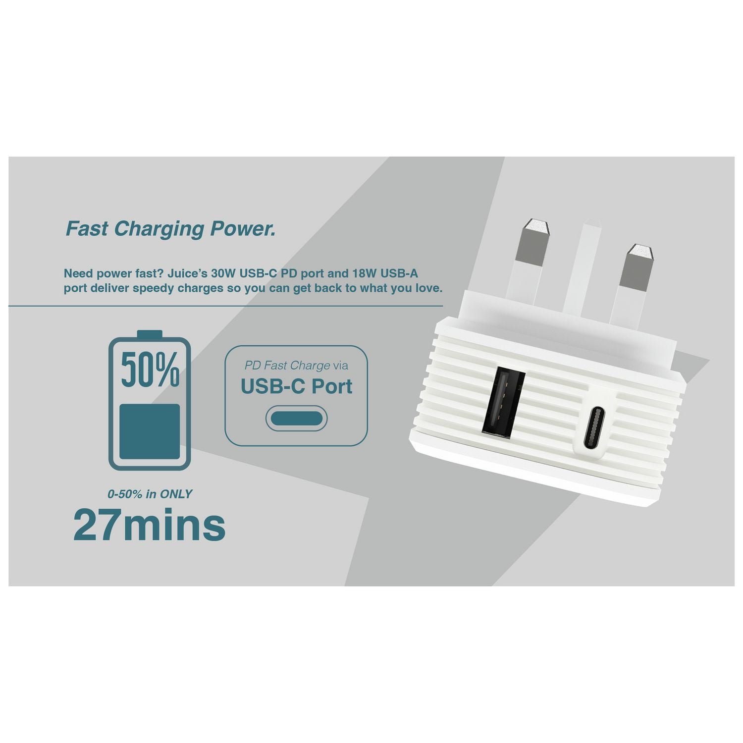 Juice 30W dual-port USB-A USB-C charger white (British brand)