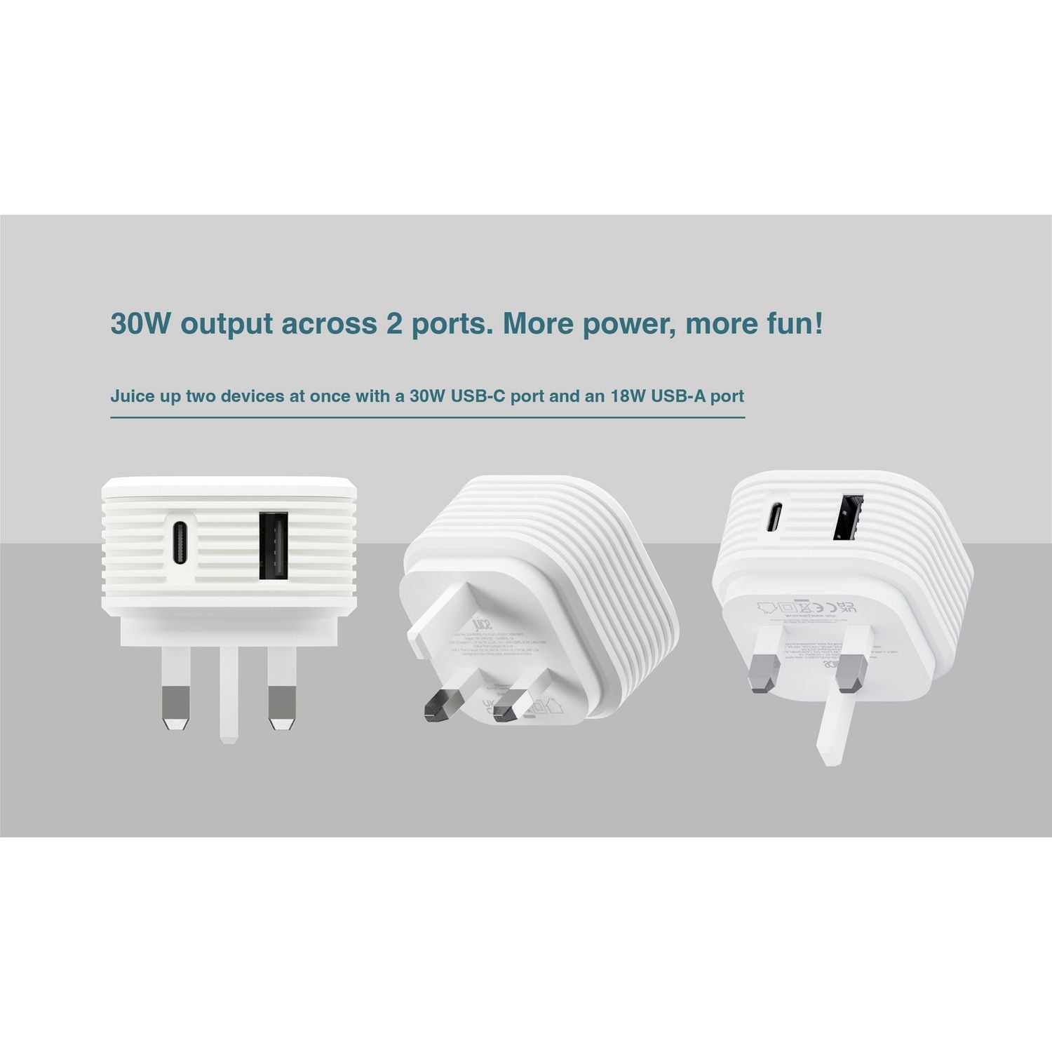 Juice 30W dual-port USB-A USB-C charger white (British brand)