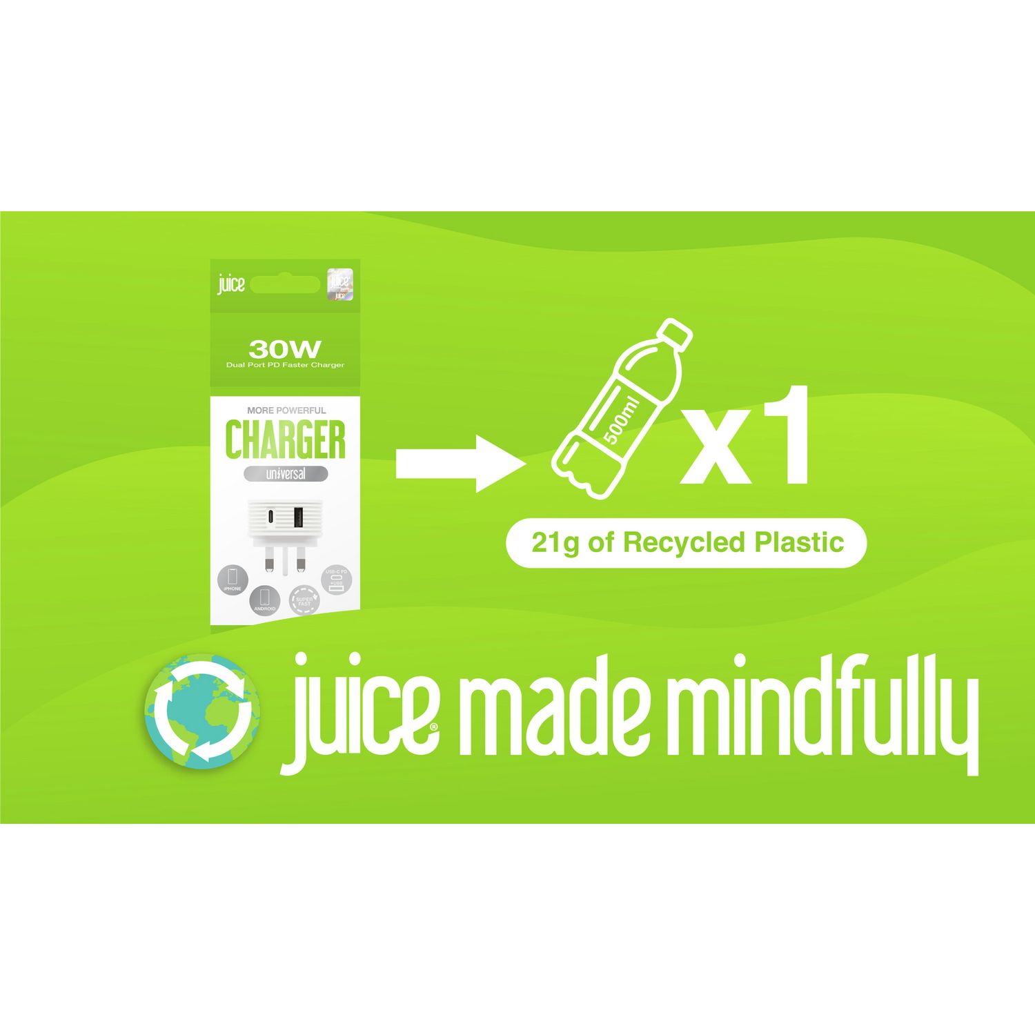 Juice 30W dual-port USB-A USB-C charger white (British brand)