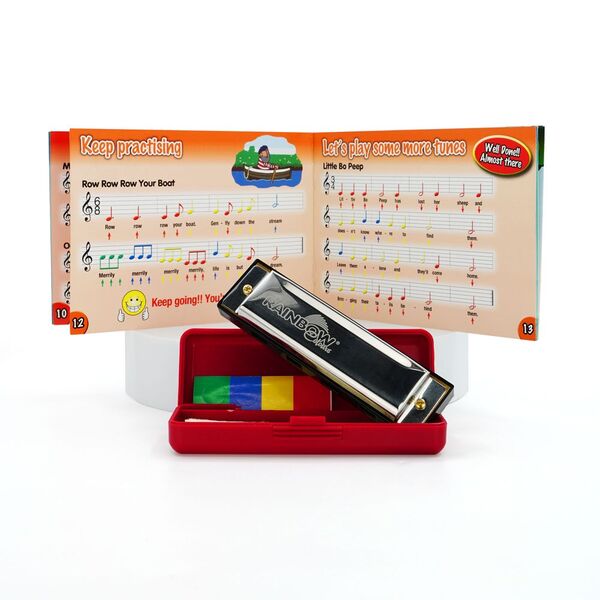 Rainbow Colours 4 hole harmonica with book and stickers - British product