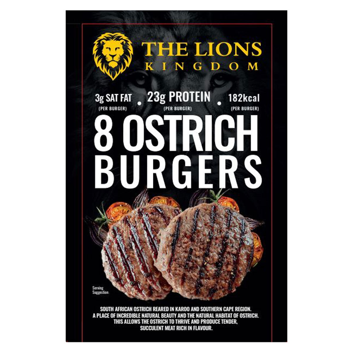 The Lions Kingdom ostrich burgers 4 x 8 x 120g (British brand)