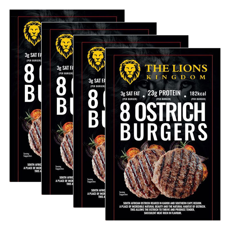 The Lions Kingdom ostrich burgers 4 x 8 x 120g (British brand)