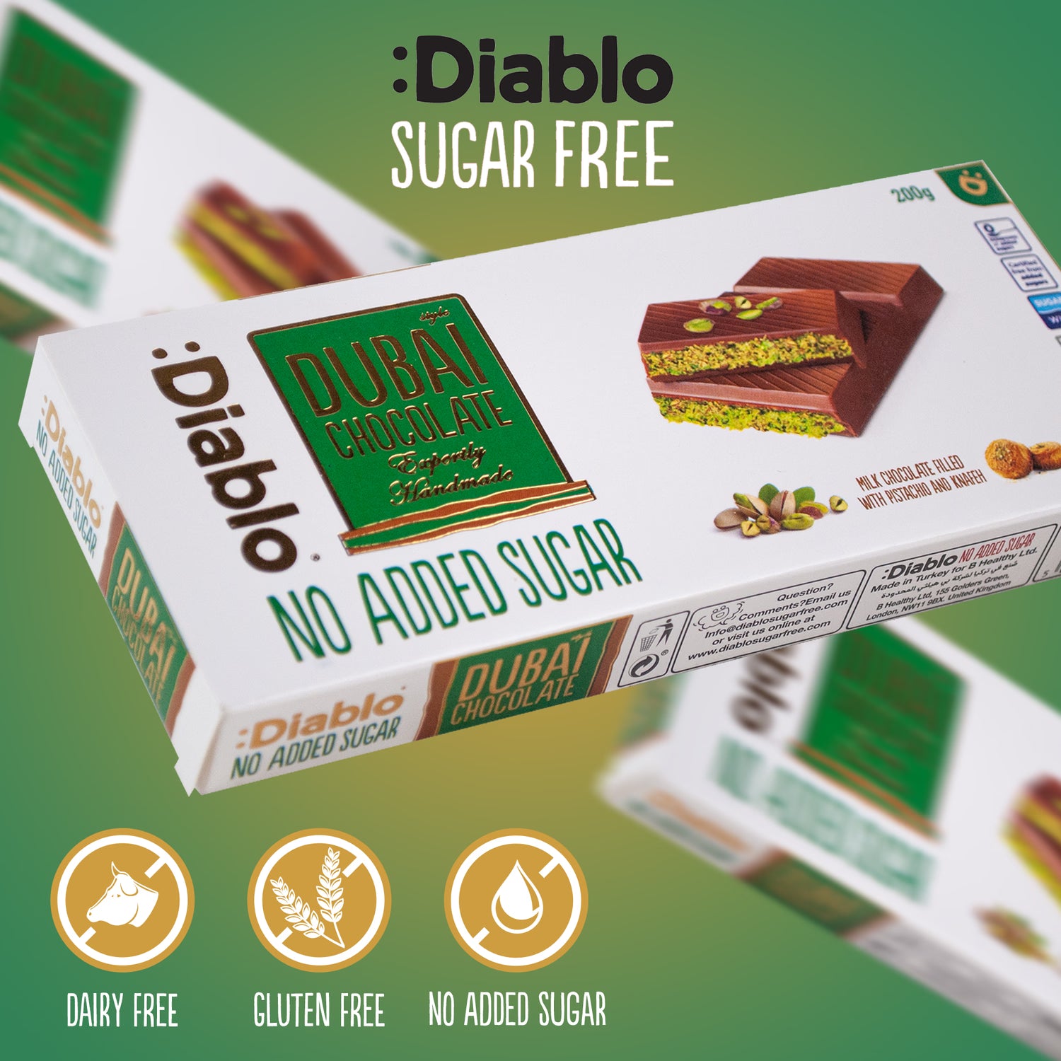 Diablo Dubai chocolate bar no added sugar 200g, imported from the UK