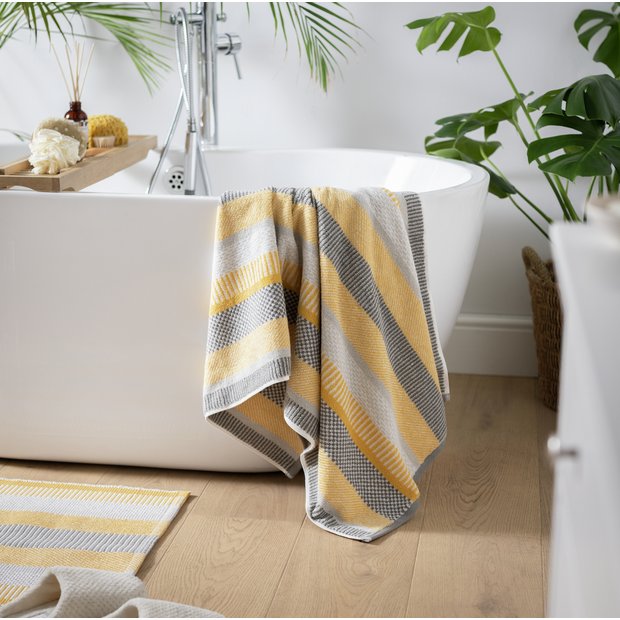 Habitat horizontal stripe hand towel mustard 90x50cm, UK version
