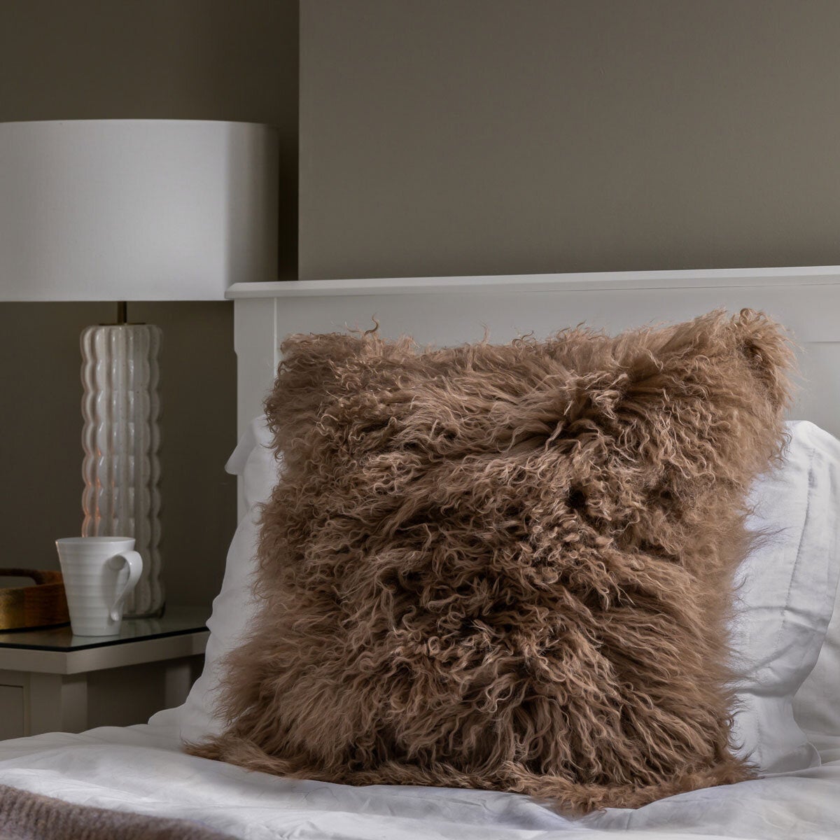 Naturally Sheepskins Mongolian sheepskin cushion 50x50cm Mocha, imported from the UK