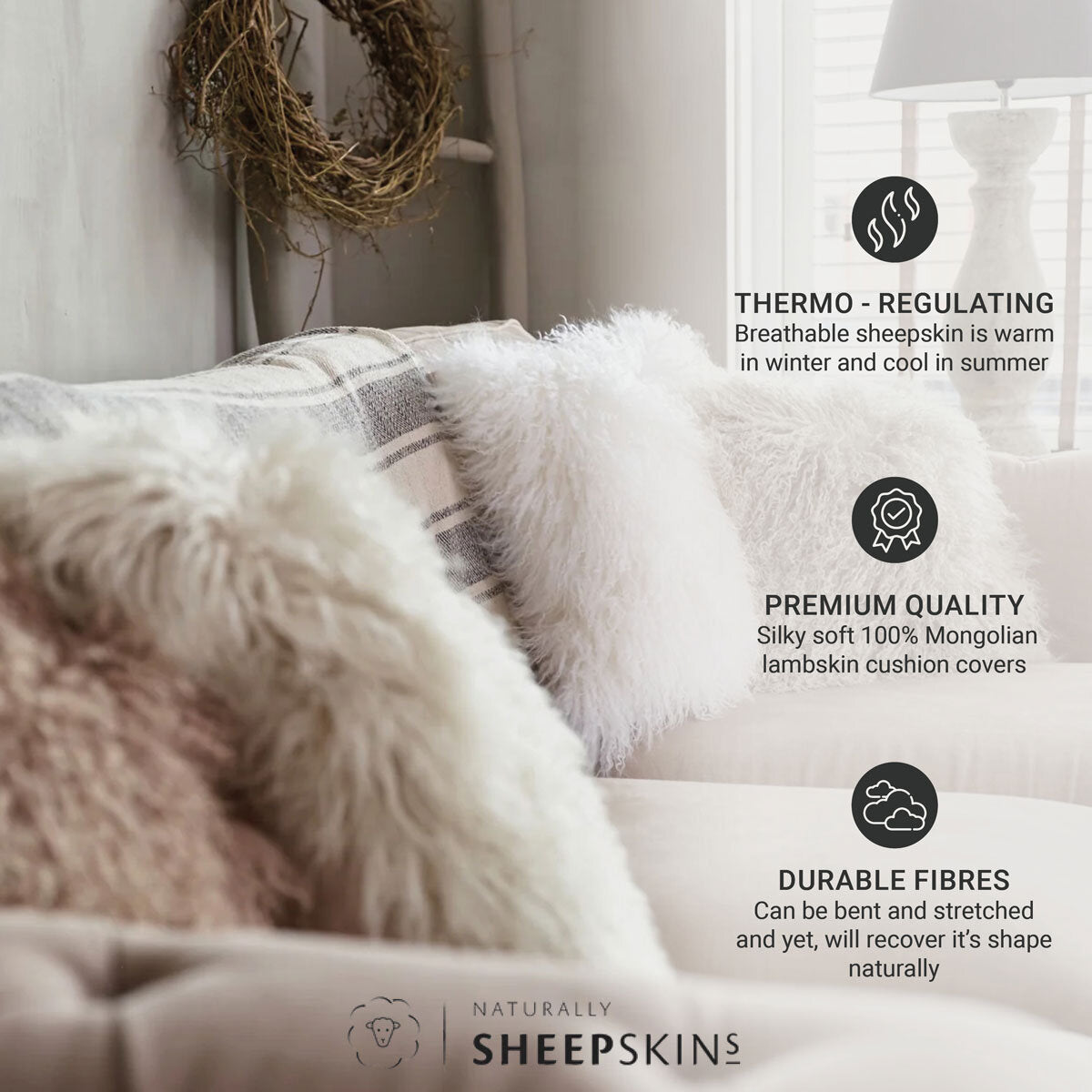 Naturally Sheepskins Mongolian sheepskin cushion 50x50cm Mocha, imported from the UK