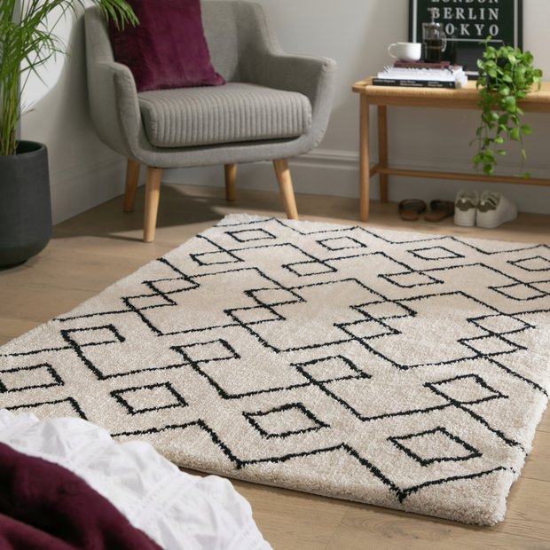 Habitat diamond tufted shaggy rug cream and black 120x170cm (British brand)