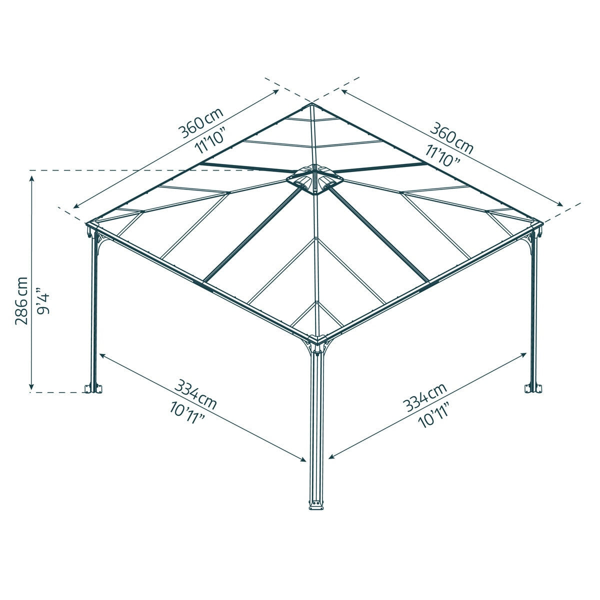 Palram Canopia hardtop aluminium and polycarbonate gazebo 3.6 x 3.6m, imported from the UK