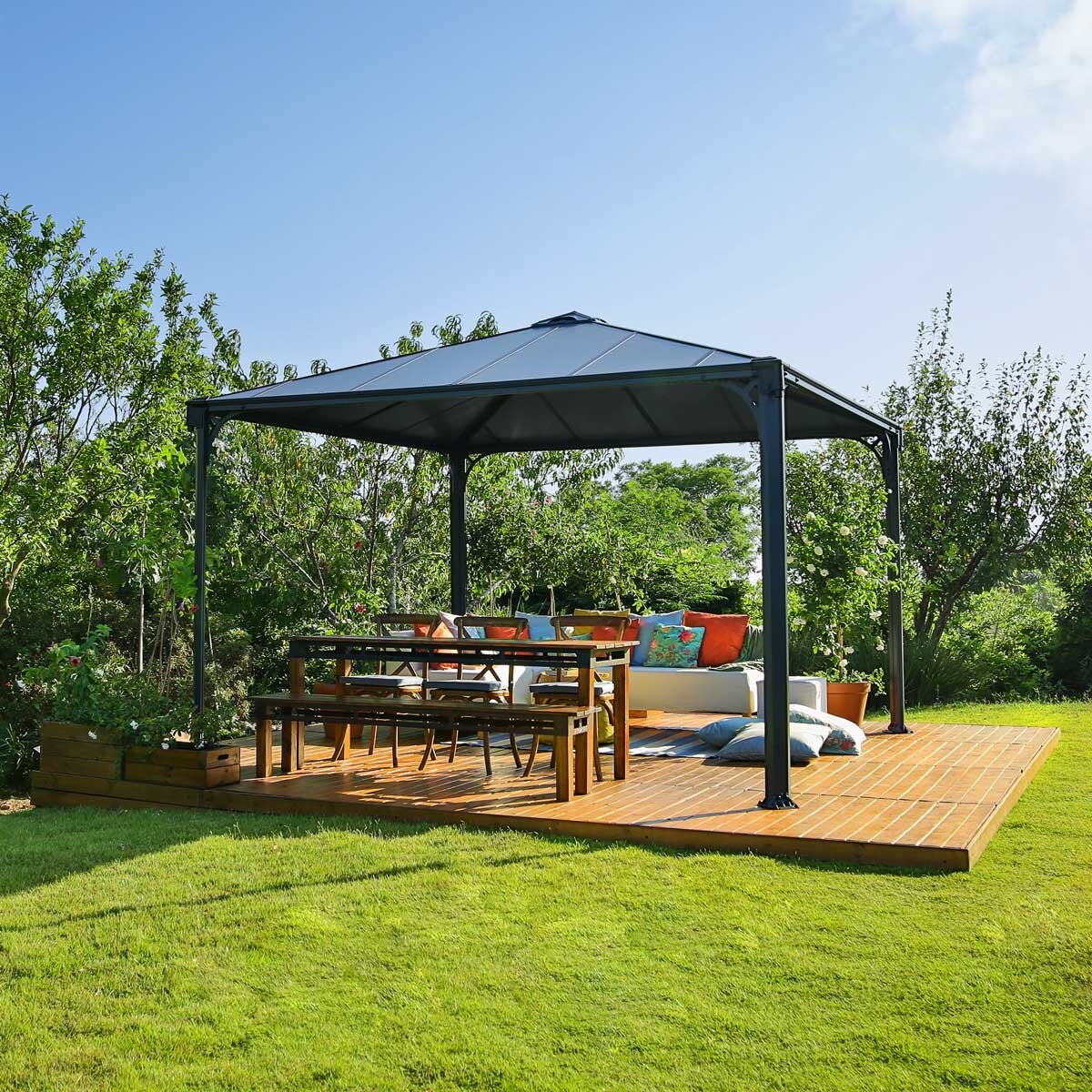 Palram Canopia hardtop aluminium and polycarbonate gazebo 3.6 x 3.6m, imported from the UK