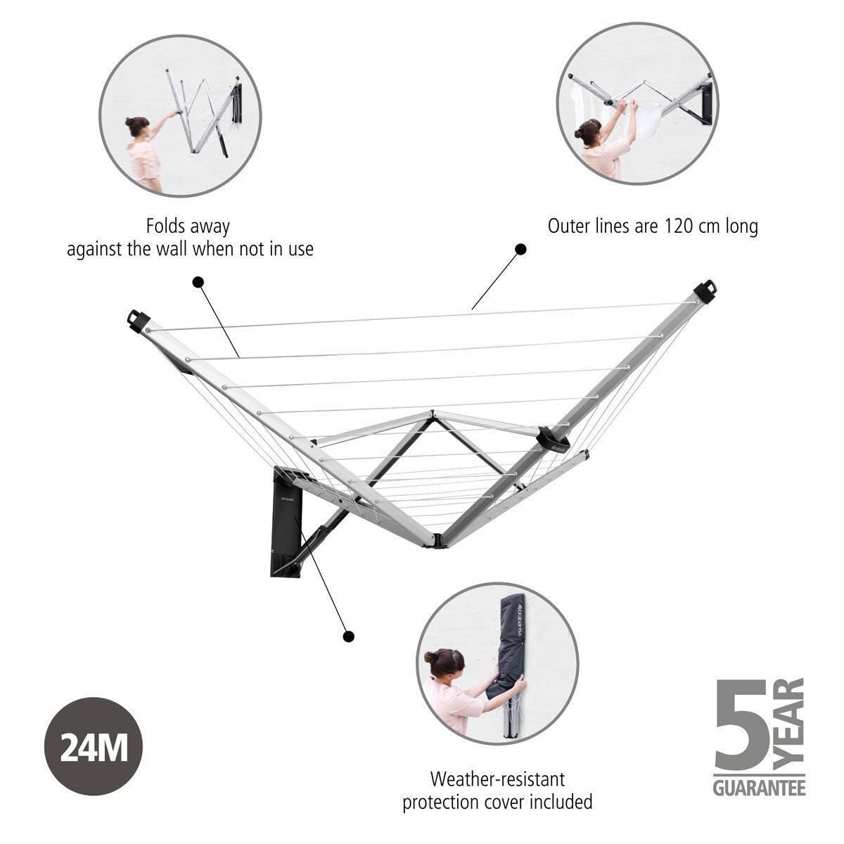 Brabantia Wallfix clothes airer with 24m line - British product