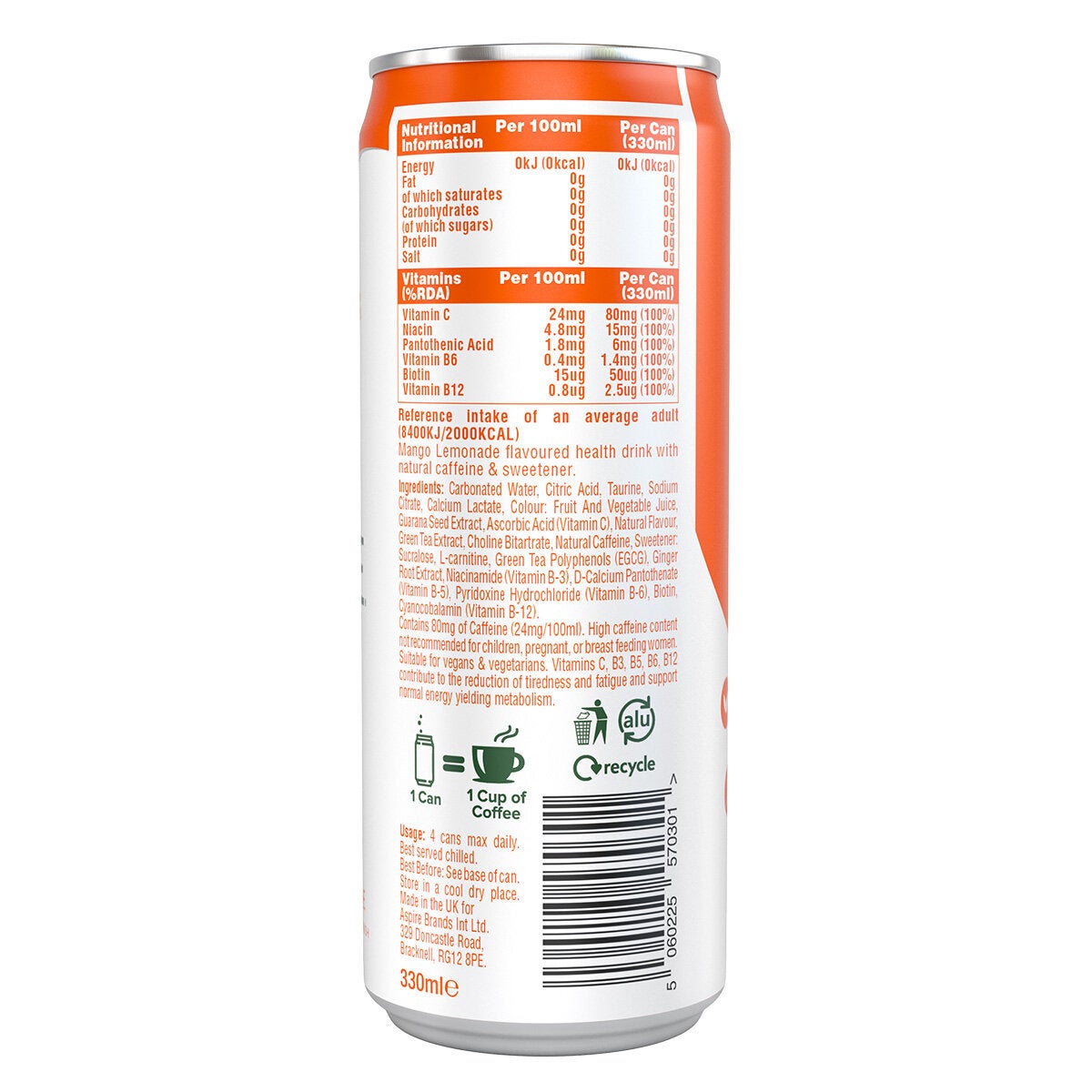 Aspire Mango Lemonade and Raspberry sugar-free energy drink 12x330ml - British product