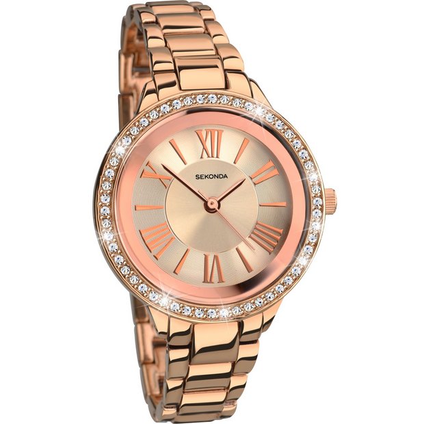 Sekonda Editions rose gold ladies bracelet watch with crystals, UK version