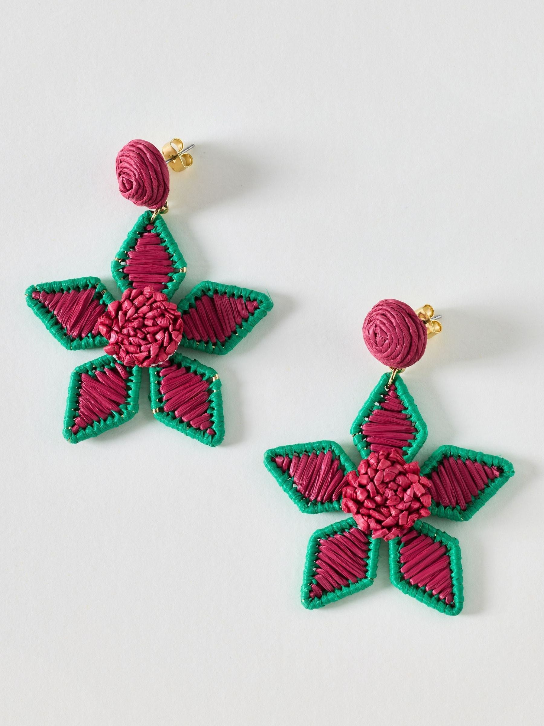 Oliver Bonas pink Martha woven flower drop earrings, imported from the UK