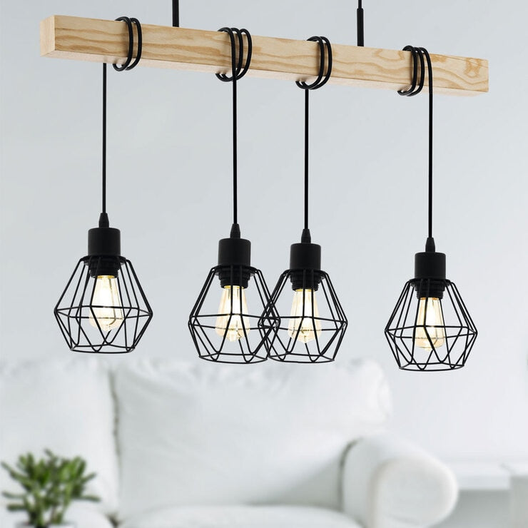 Eglo Townshend geometric pendant light with black metal and pinewood, British brand