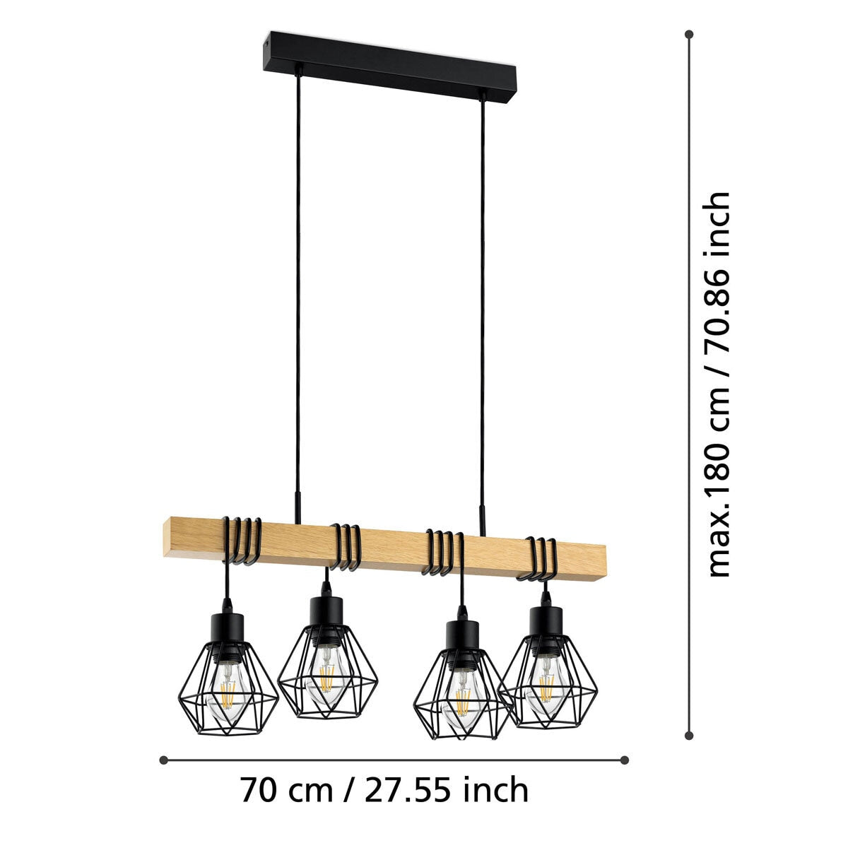 Eglo Townshend geometric pendant light with black metal and pinewood, British brand