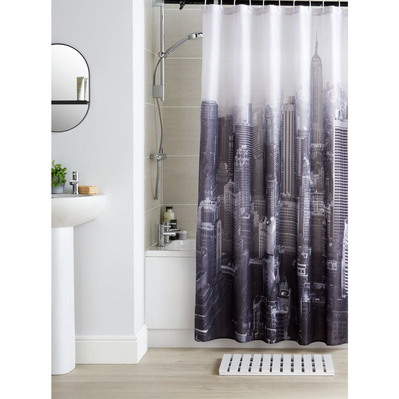 Argos Home photographic NYC shower curtain black and white 180x180cm, UK version