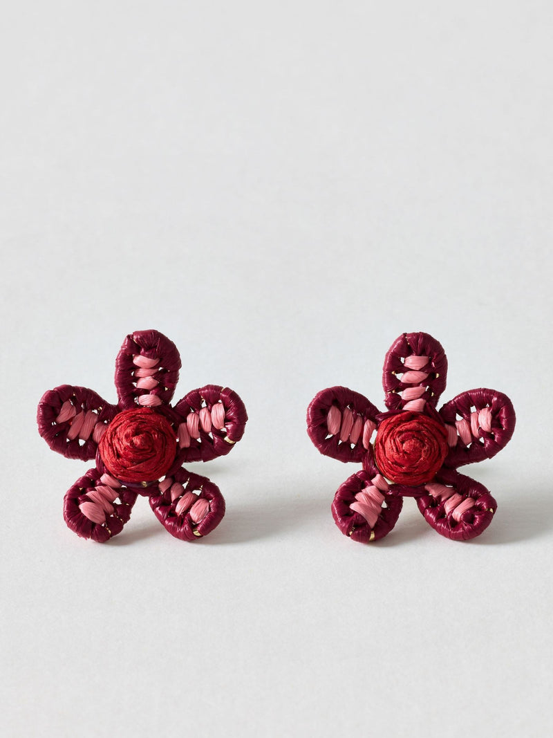Oliver Bonas Jessie woven flower stud earrings in burgundy - British product
