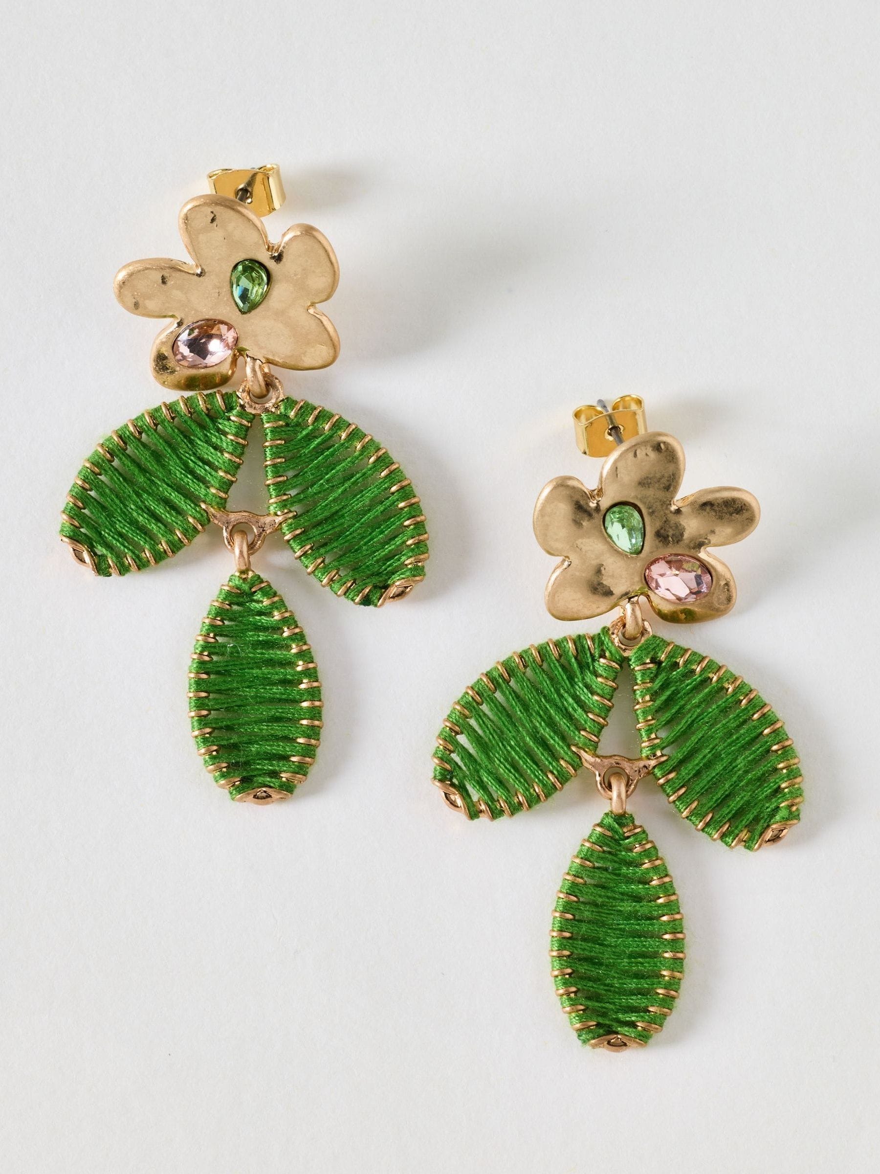 Oliver Bonas flower drop earrings green thread leaves (British brand)
