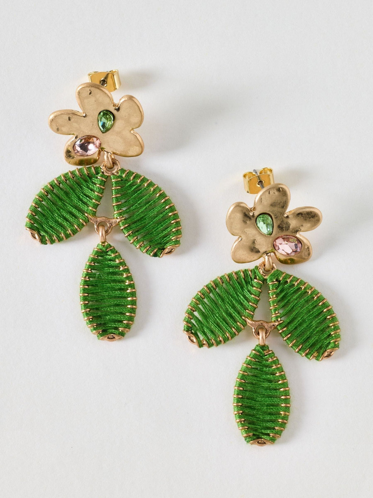 Oliver Bonas flower drop earrings green thread leaves (British brand)