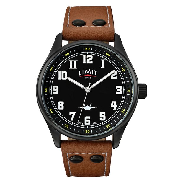 Limit pilot watch black dial tan faux leather strap, UK version