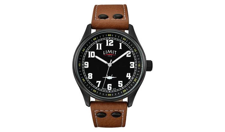 Limit pilot watch black dial tan faux leather strap, UK version