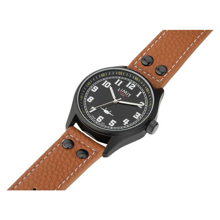 Limit pilot watch black dial tan faux leather strap, UK version