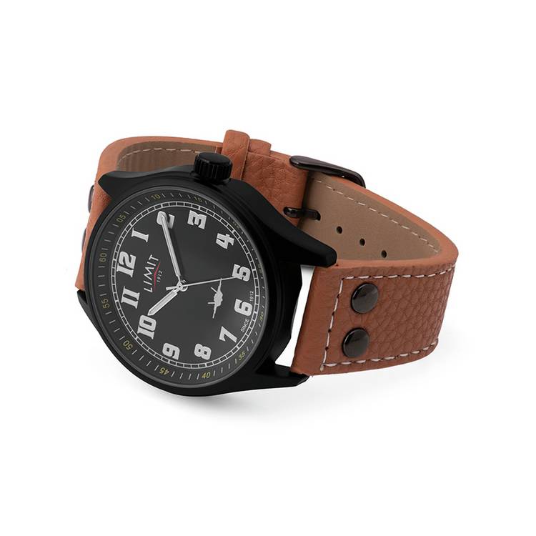 Limit pilot watch black dial tan faux leather strap, UK version