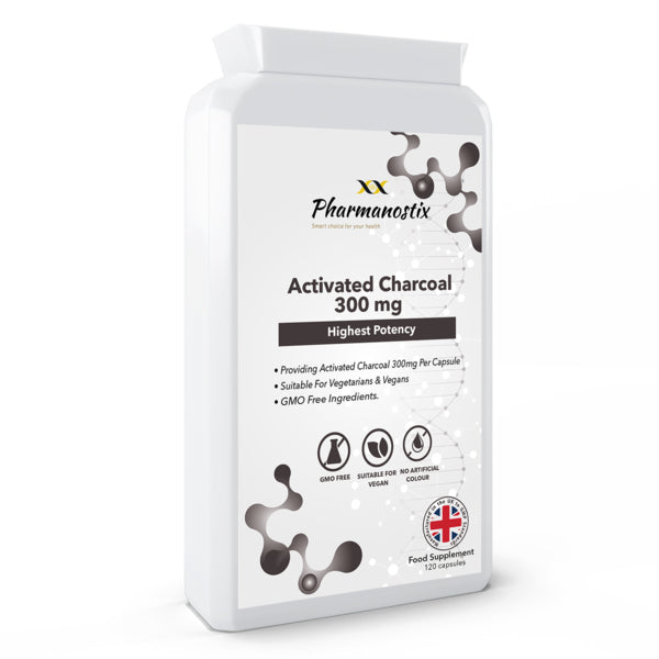 Pharmanostix activated charcoal capsules 300mg 120 count, imported from the UK