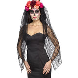 Smiffys Deluxe Day of the Dead Headband red black roses veil, imported from the UK
