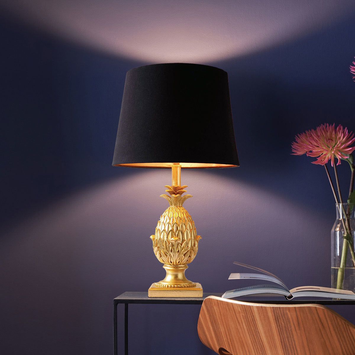 Gold Pineapple Table Lamp with Black Satin Shade GOODS Costco UK