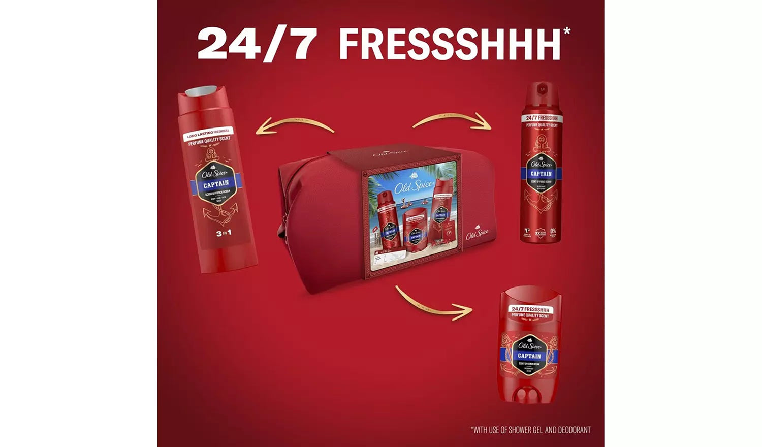 Old Spice Captain gift set with deodorant, spray, and shower gel (British brand)