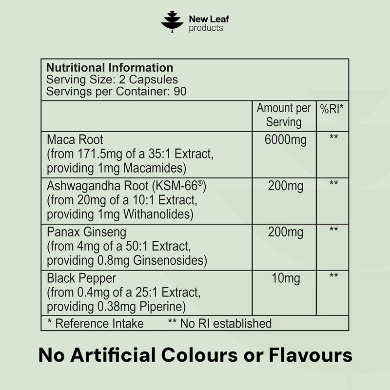 New Leaf maca root ashwagandha ginseng capsules 180 (British brand)