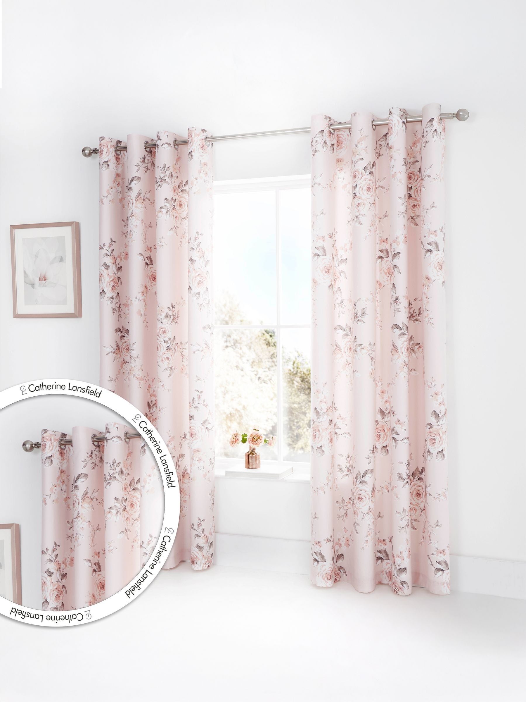 Catherine Lansfield pink floral eyelet curtains 168x183cm, imported from the UK