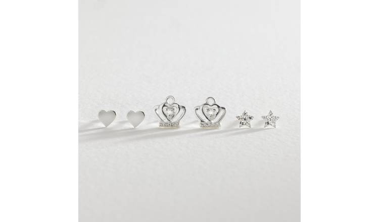 Revere sterling silver star crown heart stud earrings, imported from the UK