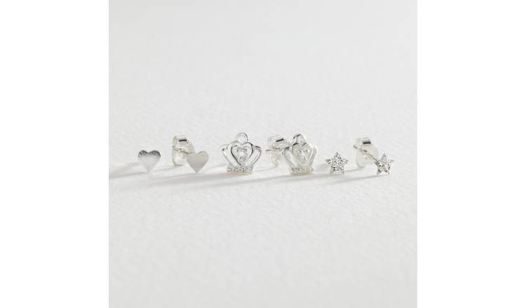 Revere sterling silver star crown heart stud earrings, imported from the UK