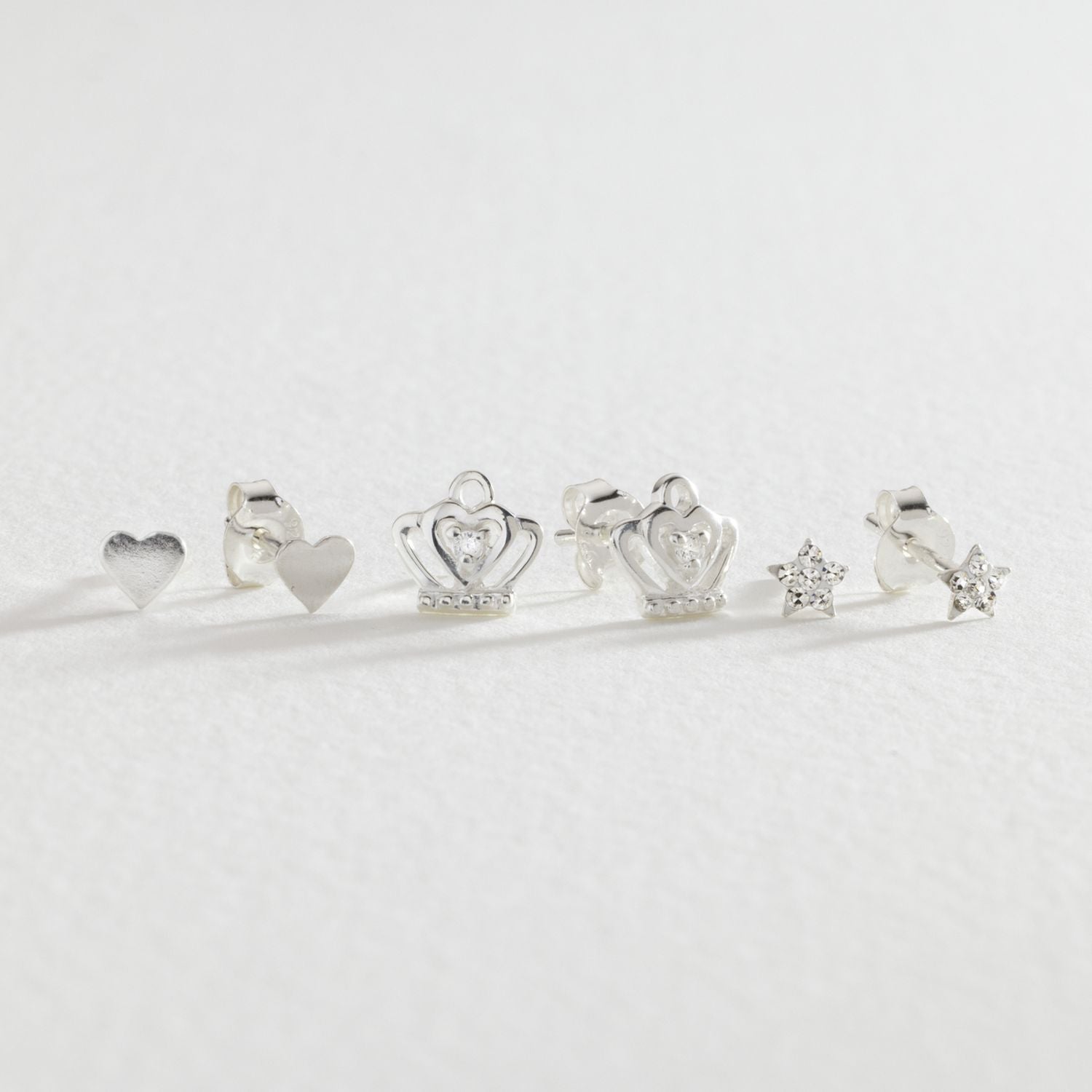 Revere sterling silver star crown heart stud earrings, imported from the UK