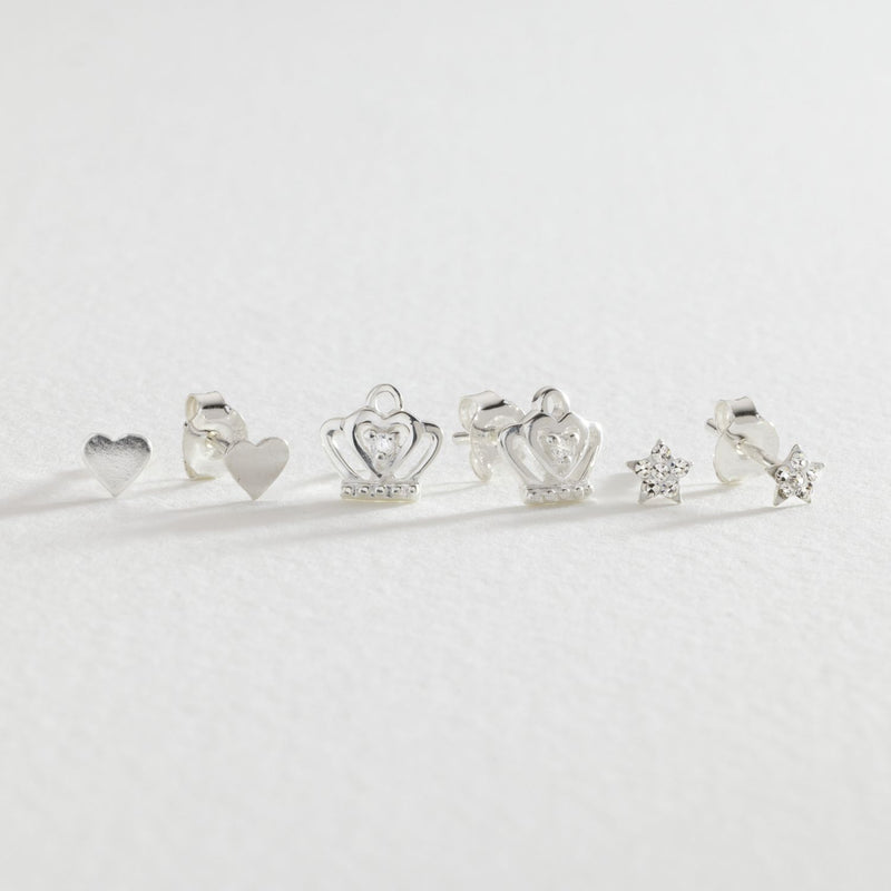Revere sterling silver star crown heart stud earrings, imported from the UK
