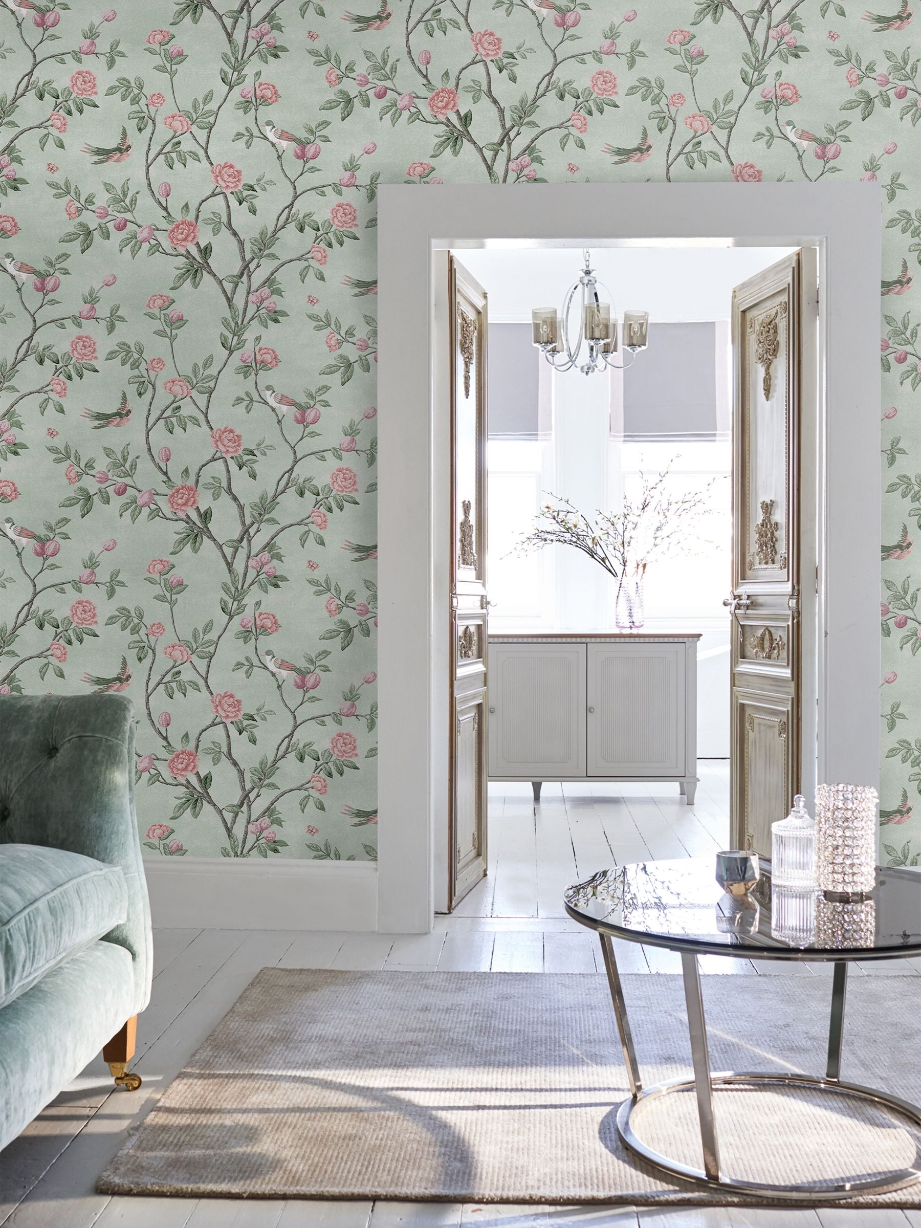 Laura Ashley Eglantine wallpaper sample in Eau de Nil - British product