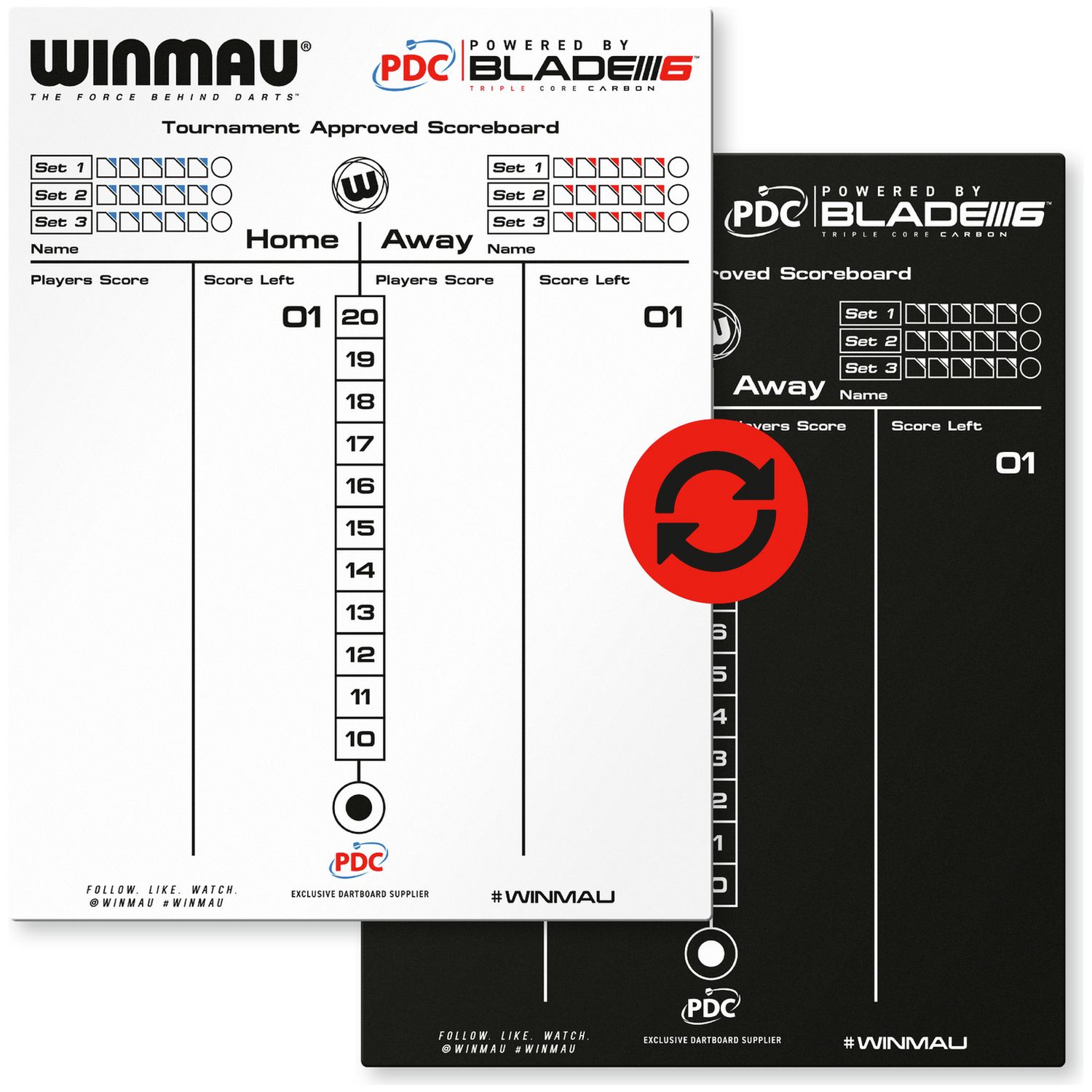 Winmau double-sided dry wipe and chalk scoreboard 45x36cm, UK version