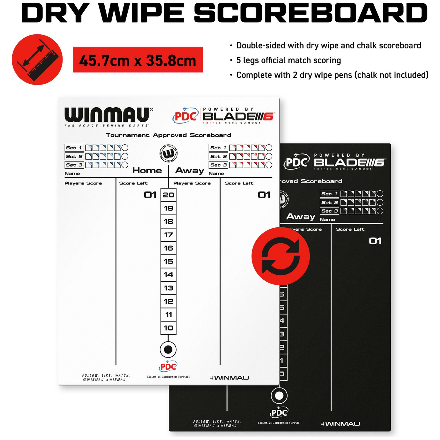 Winmau double-sided dry wipe and chalk scoreboard 45x36cm, UK version