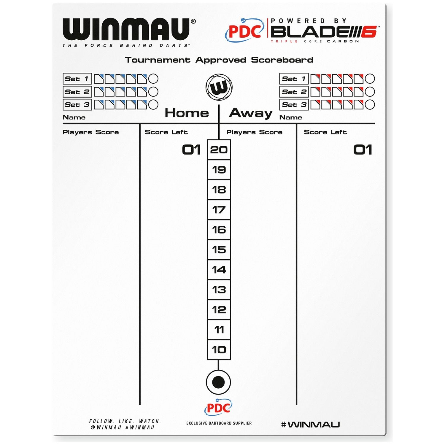 Winmau double-sided dry wipe and chalk scoreboard 45x36cm, UK version