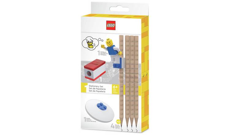 LEGO 2.0 stationery set with pencils, sharpener, eraser, and minifigure - British product