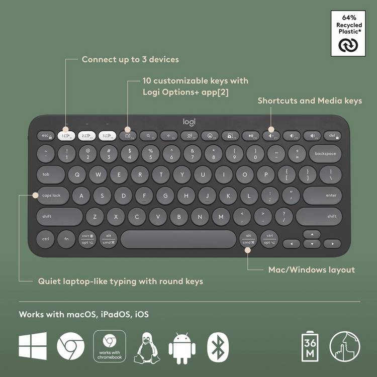 Logitech Pebble Keys 2 K380S wireless keyboard Graphite, UK version
