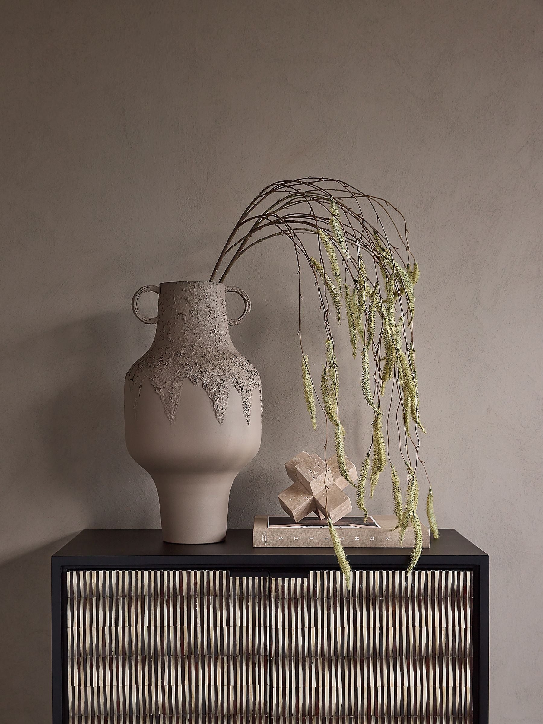 Libra Interiors Alora textured metal vase tall, imported from the UK