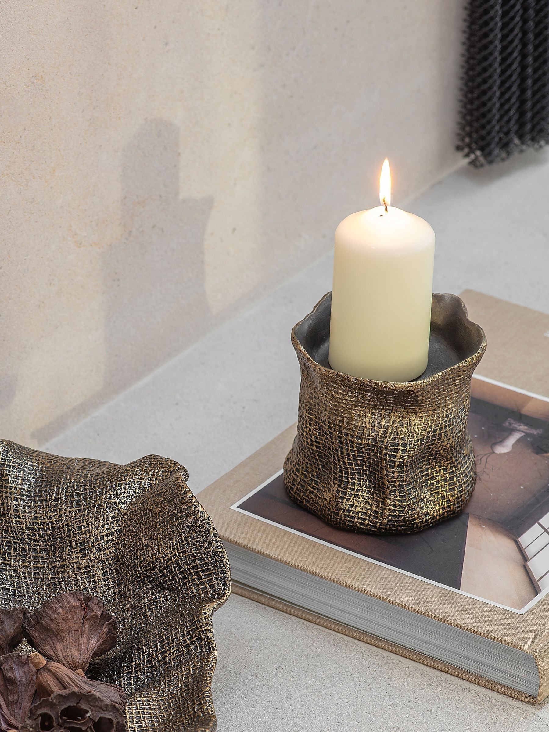 Libra Interiors antique brass gold molten weave candle holder 11.5cm (British brand)