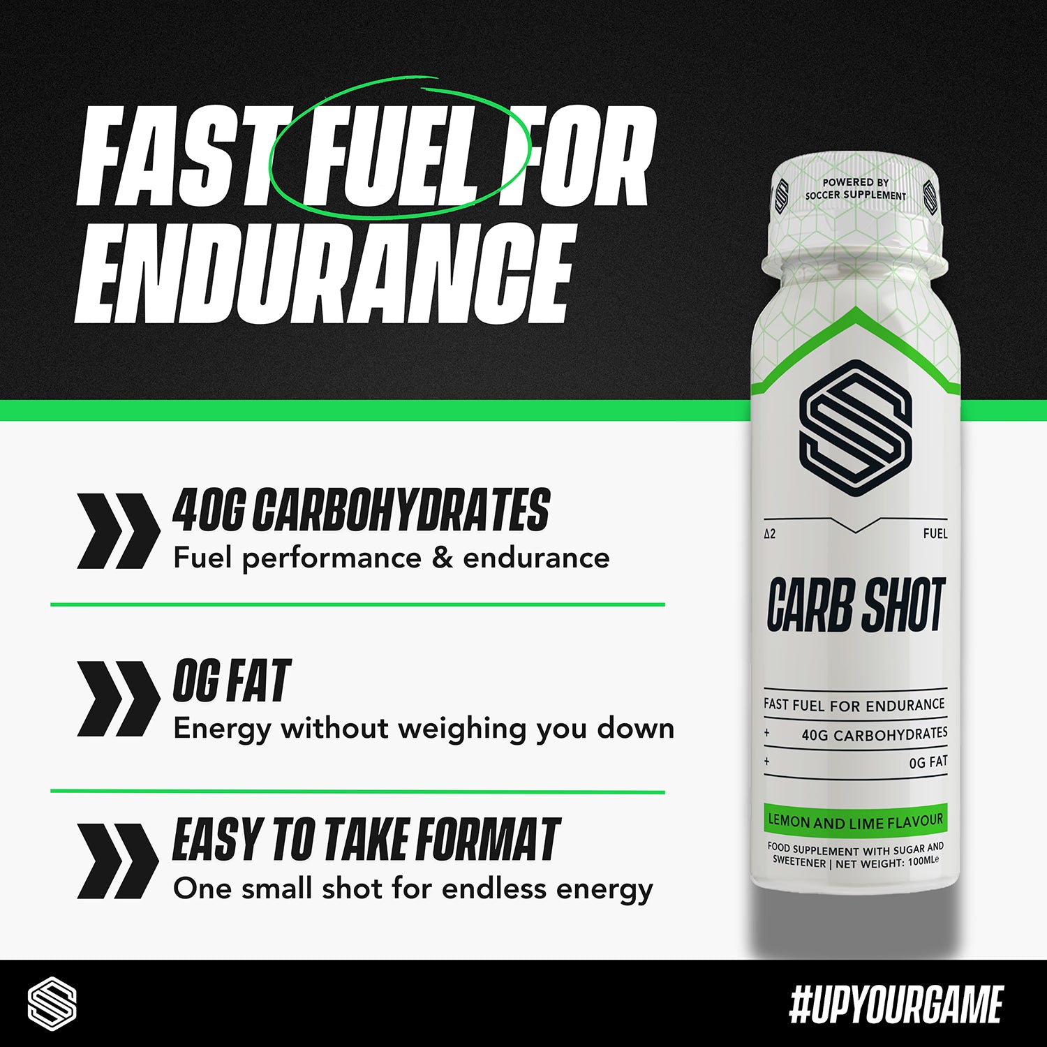 Soccer Supplement Endurance Carb Shots lemon and lime flavour 100ml 12 pack (British brand)