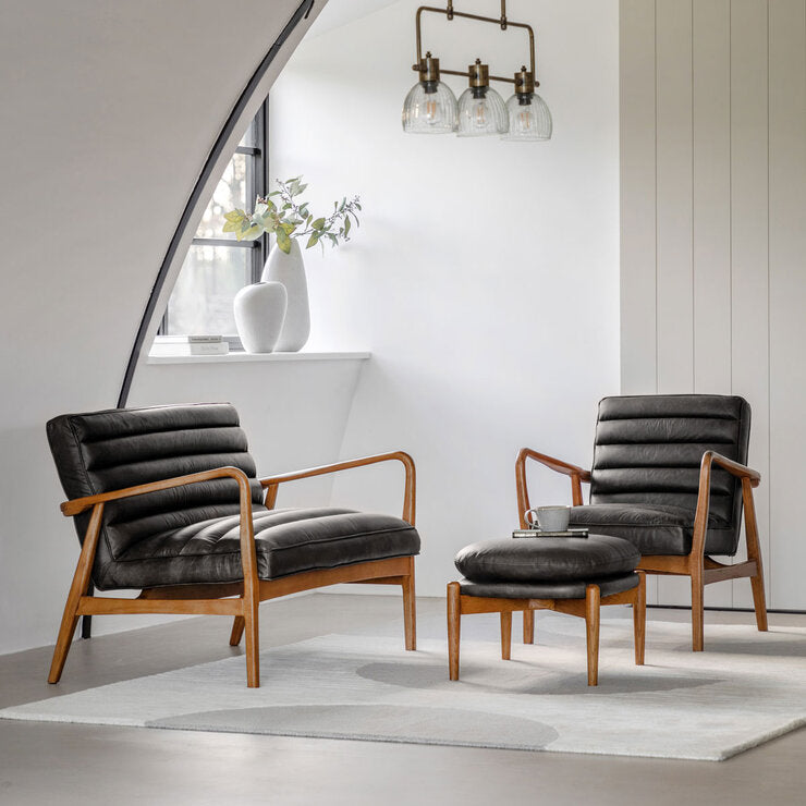 Gallery Datsun antique ebony leather armchair in grey, UK version